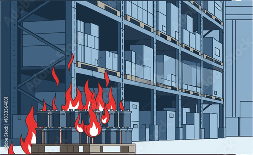 Emergency! Flames erupt from barrels in a warehouse. Dramatic, high-contrast illustration. Evokes urgency and risk. Suitable for business, safety, and warning themes.