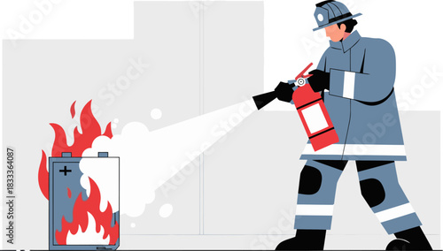 A firefighter combats a battery fire with a hose, demonstrating hazard control. Bold colors and dynamic action create a visually impactful scene.