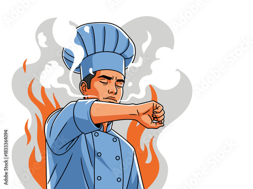 Frustrated chef throws up in a fiery kitchen scene. Dramatic illustration with smoke and flames. High contrast, bold design. Perfect for food-related marketing.