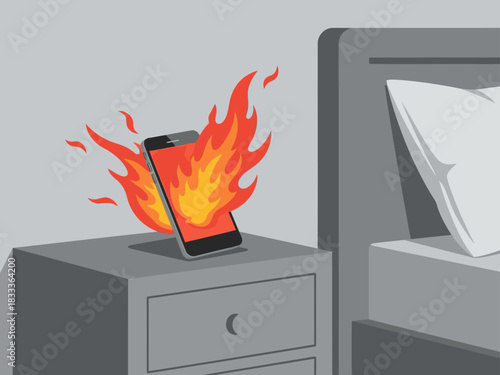 A smartphone bursts into flames on a bedside table, triggering an alert. Dramatic, fiery illustration conveying danger and technology malfunction. Suitable for warning graphics and digital art.
