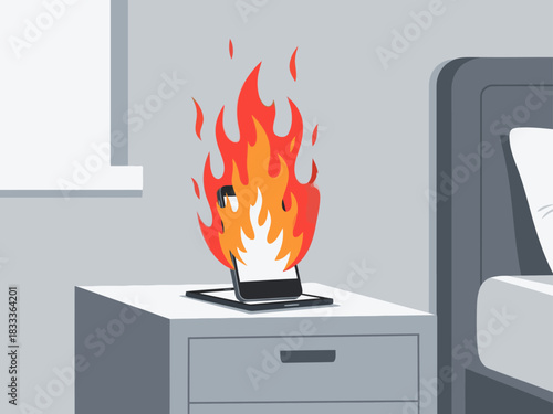 stark alert graphic depicts a smartphone engulfed in flames on a bedside table The composition is bold and impactful conveying a sense of urgency and danger Suitable for digital alerts and warnings