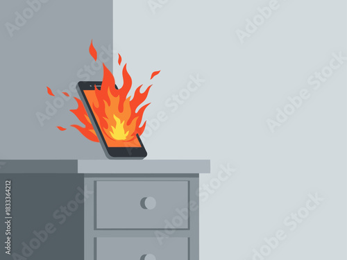 A smartphone bursts into flames on a desk, triggering an 'ALERT' warning. Dramatic, fiery illustration. Suitable for tech, warning, or danger concepts.
