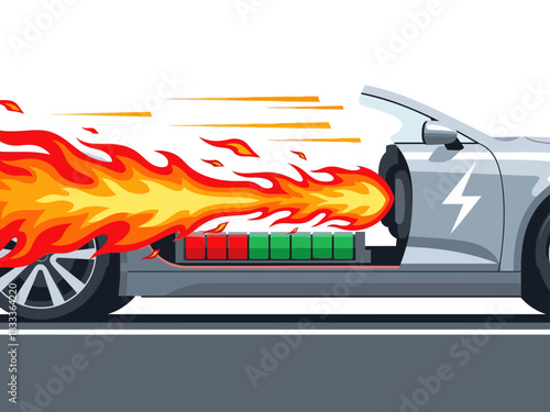 A sleek electric car bursts into flames, showcasing a critical error message. Dramatic, fiery visuals highlight a battery malfunction. Bold, modern illustration.