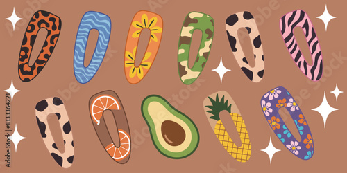 hairpin for girls, hair accessory doodle vector, hairstyle from hairdresser, tidy hair decoration, childish fashion design, flowers and fruits elements, plastic comb illustration, ideal for