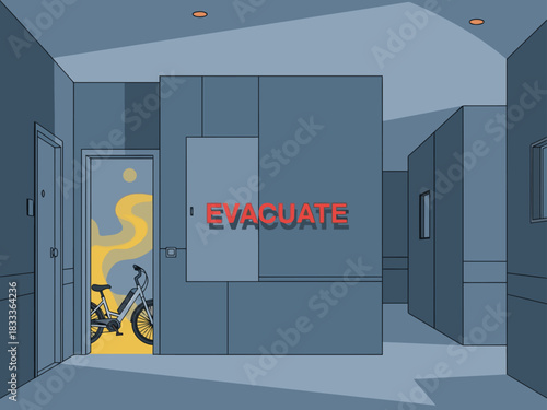 stark minimalist hallway with an 'Evacuate' sign and a bicycle A hazy orange glow suggests a fire Clean lines and muted colors create a tense modern atmosphere