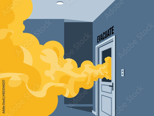 A stylized illustration depicts a fiery plume emerging from a doorway labeled 'Evacuate' in a stark, blue room. The vibrant yellow smoke creates a dramatic and urgent visual.