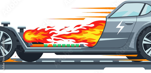 A stylized gray car bursts into flames, conveying an error message. Bold, graphic design with dynamic motion lines. Suitable for tech, automotive, or error-related concepts.