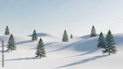 Serene winter landscape with evergreen trees on snow covered hills creates a peaceful, minimalist seasonal scene ideal for holiday cards and festive designs