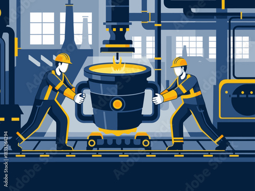 Two workers carefully move a large metal pot with a furnace. Industrial setting, team safety focus. Bold blue and yellow color scheme. Illustration style.