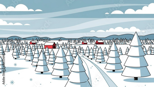Winter wonderland landscape with snow-covered trees and charming red cabins creating a serene and peaceful Christmas holiday atmosphere, originally a vector graphic