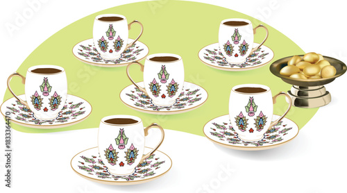 Turkish Coffee Cups with Ottoman Pattern. A vector illustration of traditional Turkish coffee cups featuring colorful Ottoman patterns in a clean flat design. Vector Illustration.