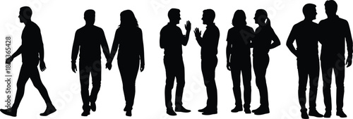 Silhouettes, people, walking, talking, interaction, gesture, communication, friendship, diversity, body 