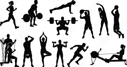 Fitness and Exercise Silhouettes Collection: Diverse People Working Out, Running, Weightlifting, Yoga, Cardio, Strength Training, Healthy Lifestyle, Vector Icon Set.