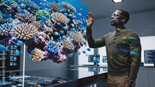 African american man observes and interacts with a holographic coral reef displaying marine life and ocean environment in a modern laboratory setup