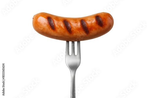 Grilled sausage on fork, ready for meal, barbecue food, cooked meat, transparent background offering versatile use