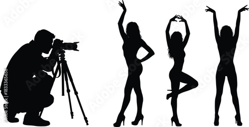 Fashion shoot silhouette, photographer with tripod, posing models, high heels, expressive stance, black vector, stylish scene, isolated, art, glamour