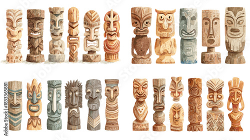 Collection of carved wooden tiki totems with expressive faces, tribal patterns, and natural textures. Ideal for cultural themes, tropical decor, character design, and creative illustration projects.