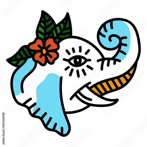 Elephant flower colored coloured tattoo stroke