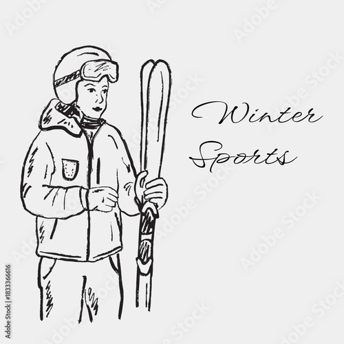 Hand drawn skier in helmet and goggles holding skis. Vector sketch illustration in vintage crayon charcoal style. Winter sports, ski resort. Woman holding pair of ski