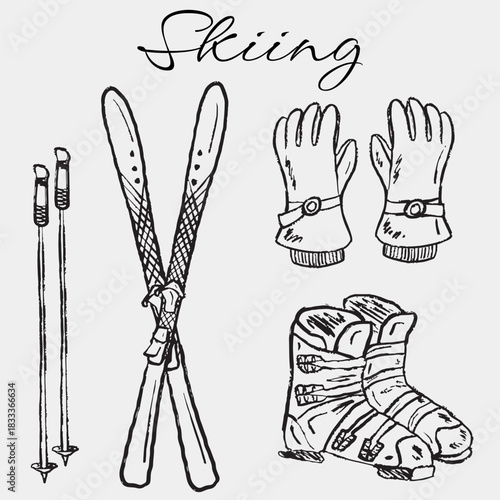 Hand drawn skiing equipment: skis, poles, gloves, boots. Vector sketch illustration in vintage crayon charcoal style. Winter sports concept
