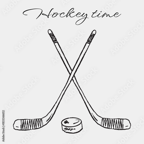 Hand drawn crossed hockey sticks and puck. Vector sketch illustration in vintage crayon charcoal style. Winter sports label, invitation design