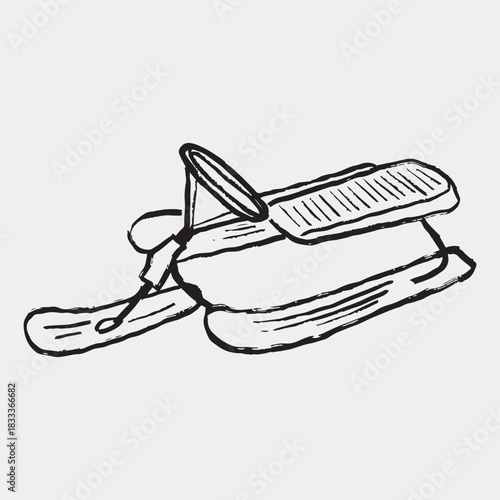 Hand drawn sled with wheel. Vector sketch illustration in vintage crayon charcoal style. Winter sports, recreation, mountain vacation equipment