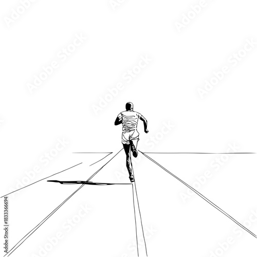 A minimalist illustration of a lone runner from behind on a track in black and white style art work