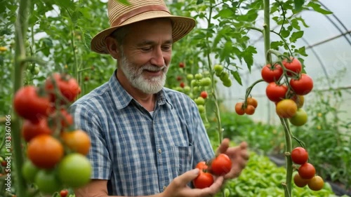 Happy bearded man in a straw hat harvests ripe tomatoes in a greenhouse