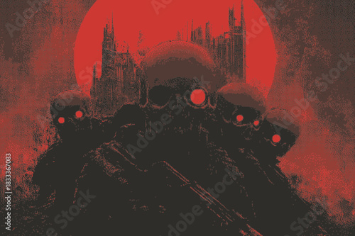 Dark, atmospheric illustration featuring skulls with glowing eyes against a red moon backdrop.