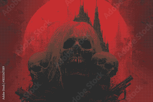 Dark surrealism featuring skulls against a blood-red moon background