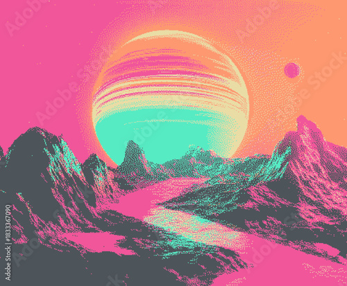 Surreal landscape featuring a vibrant, oversized planet and colorful mountains