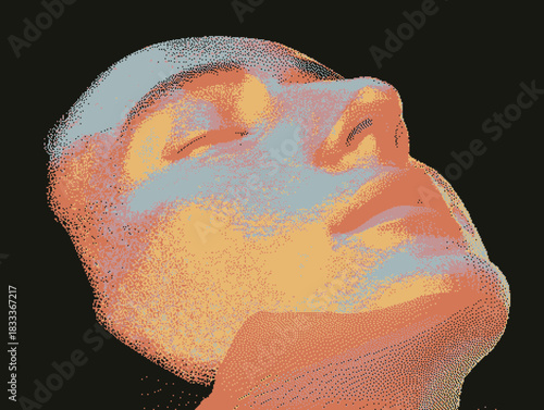 Stylized portrait of a serene face with soft colors and abstract texture