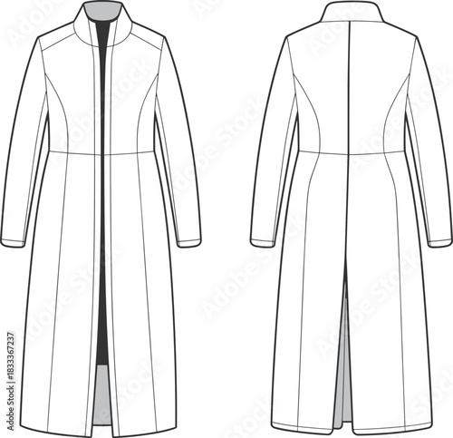 Front and back fashion illustration of an open collared long coat on white background jacket outerwear