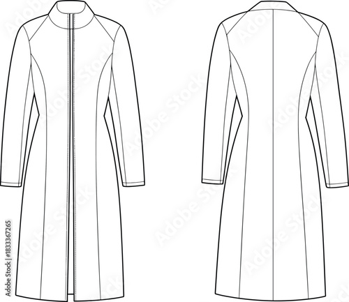 Front and back fashion illustration of a zipped collared long sleeve coat on white background jacket