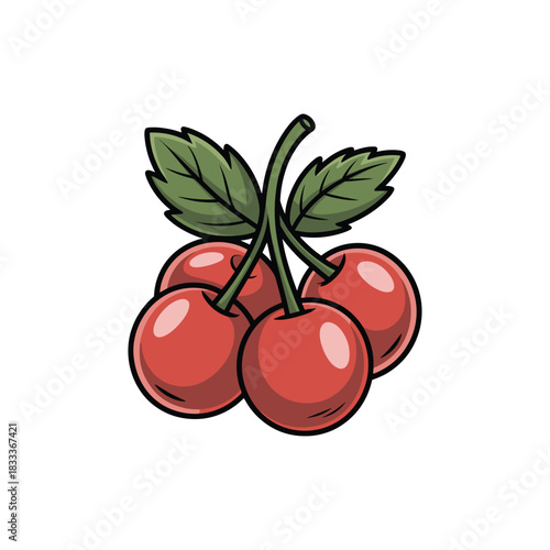 Cartoon illustration of cherries on white background featuring green leaves and juicy red fruit.