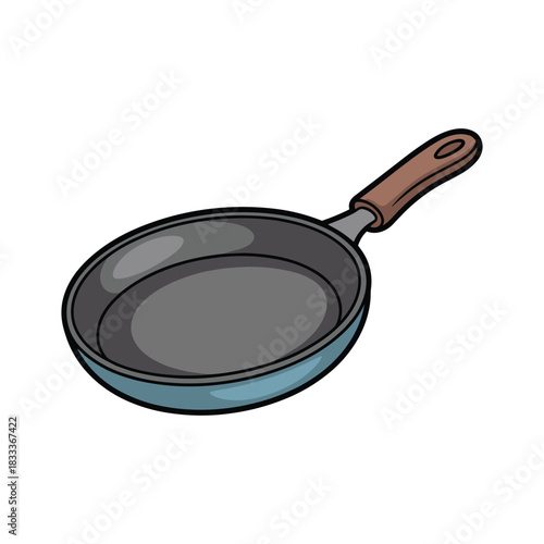 A frying pan with a light blue rim and a brown handle shown at an angle on a white background.