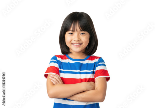 Young asian girl (8-10) in striped t-shirt, smiling confidently with arms crossed, high-key studio portrait against pure white background. Concept of youthful confidence and optimism