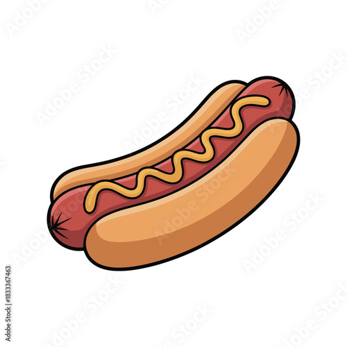 Cartoon style hot dog with mustard. Classic American fast food illustration on white.
