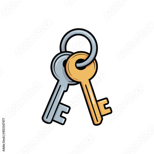 Cartoon-style image of two keys hanging from a metal ring. One key is silver, one is gold.