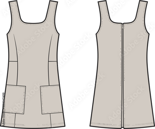 Front and back flat sketch of a beige sleeveless dress with square neckline and patch pockets garment
