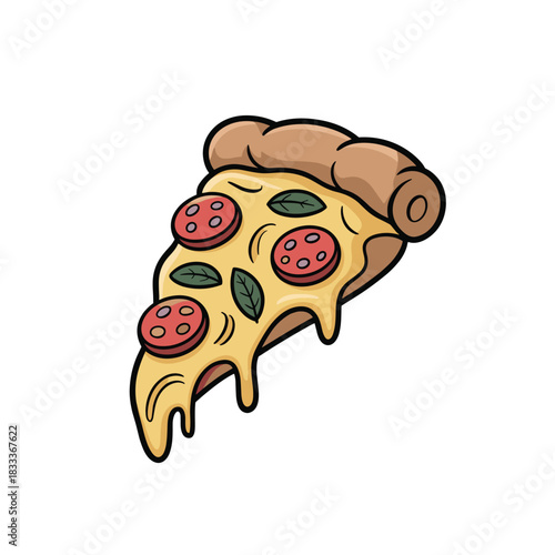 A slice of pizza cartoon illustration featuring pepperoni, basil, and melting cheese.