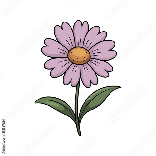 Illustration of a delicate pink flower with green leaves, presented on a white background.