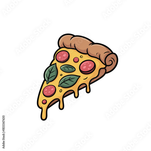A cartoon style pizza slice with melted cheese, pepperoni, and basil. A delicious snack.