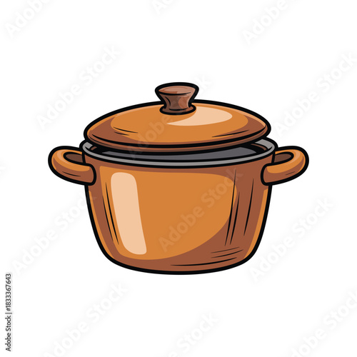 Illustration of a brown cooking pot with a lid and handles, perfect for making delicious meals.
