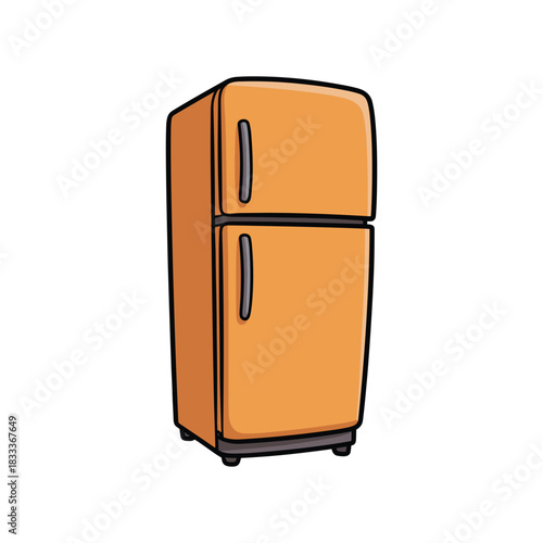 Stylized cartoon of a two-door refrigerator in shades of orange with gray handles.