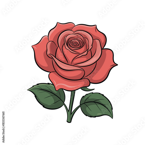 A beautifully illustrated red rose with delicate petals and vibrant green leaves drawing.
