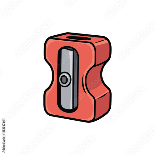 A coral-colored manual pencil sharpener with a gray blade for sharpening pencils neatly.