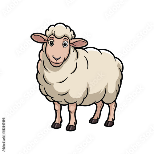 A cartoon sheep stands upright, its fluffy white wool contrasting with its pinkish face.