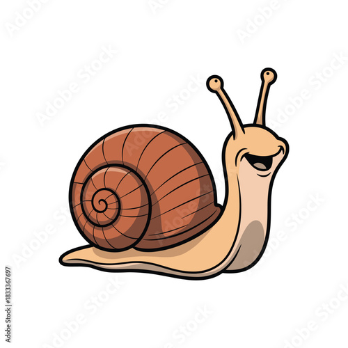 Cartoon snail with a brown shell, stalks, and a cheerful expression. Vector illustration.