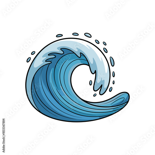Blue ocean wave curl crashing with splashing water droplets, cartoon style animation.